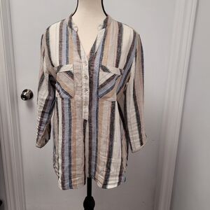 Ness Size S Striped 3/4 Length Sleeved Linen Blend Tunic Top